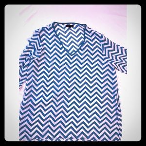Sheer Teal and White Chevron V-Neck Top